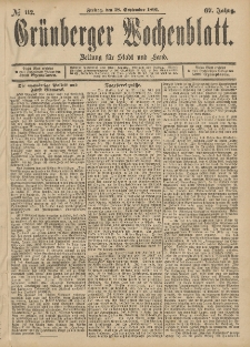 Grünberger Wochenblatt: Zeitung für Stadt und Land, No. 112. (18. September 1891)