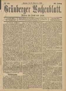 Grünberger Wochenblatt: Zeitung für Stadt und Land, No. 113. (20. September 1891)