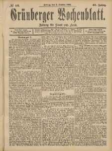 Grünberger Wochenblatt: Zeitung für Stadt und Land, No. 118. (2. October 1891)