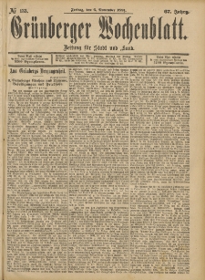 Gr&uuml;nberger Wochenblatt: Zeitung f&uuml;r Stadt und Land, No. 133. (6. November 1891)