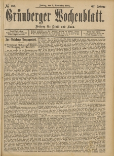 Grünberger Wochenblatt: Zeitung für Stadt und Land, No. 133. (6. November 1891)