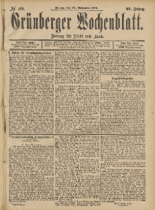 Gr&uuml;nberger Wochenblatt: Zeitung f&uuml;r Stadt und Land, No. 139. (20. November 1891)