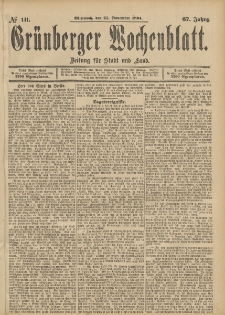 Gr&uuml;nberger Wochenblatt: Zeitung f&uuml;r Stadt und Land, No. 141. (25. November 1891)