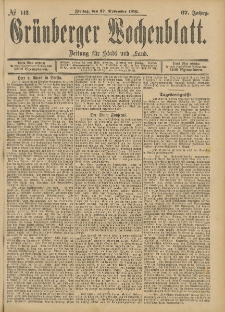 Gr&uuml;nberger Wochenblatt: Zeitung f&uuml;r Stadt und Land, No. 142. (27. November 1891)