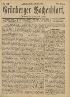Grünberger Wochenblatt: Zeitung für Stadt und Land, No. 142. (27. November 1891)