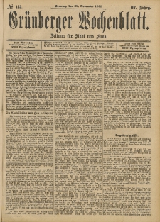 Gr&uuml;nberger Wochenblatt: Zeitung f&uuml;r Stadt und Land, No. 143. (29. November 1891)