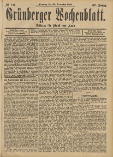 Grünberger Wochenblatt: Zeitung für Stadt und Land, No. 143. (29. November 1891)