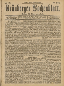 Gr&uuml;nberger Wochenblatt: Zeitung f&uuml;r Stadt und Land, No. 145. (4. December 1891)