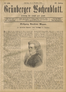Gr&uuml;nberger Wochenblatt: Zeitung f&uuml;r Stadt und Land, No. 146. (6. December 1891)
