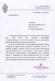 List gratulacyjny Heleny Hatki do profesora Zbigniewa Kowala