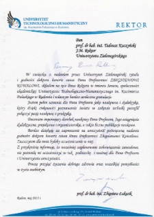 List gratulacyjny prof. Zbigniewa Łukasika do prof. Tadeusza Kuczyńskiego