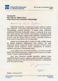 List gratulacyjny prof. Kazimierza Furtaka do profesora Zbigniewa Kowala