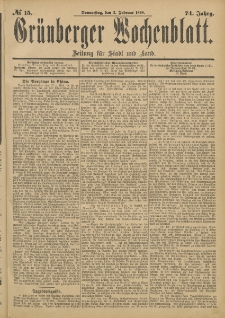 Grünberger Wochenblatt: Zeitung für Stadt und Land, No. 15. (3. Februar 1898)