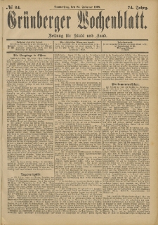 Grünberger Wochenblatt: Zeitung für Stadt und Land, No. 25. (26. Februar 1898)