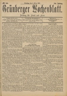Gr&uuml;nberger Wochenblatt: Zeitung f&uuml;r Stadt und Land, No. 30. (10. M&auml;rz 1898)