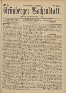 Gr&uuml;nberger Wochenblatt: Zeitung f&uuml;r Stadt und Land, No. 52. (30. April 1898)