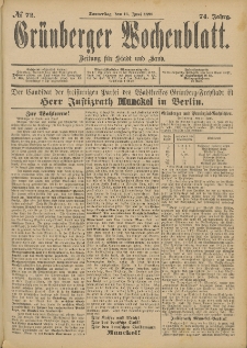 Grünberger Wochenblatt: Zeitung für Stadt und Land, No. 73. (18. Juni 1898)