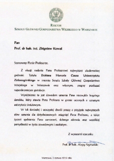 List gratulacyjny prof. Alojzego Szymańskiego do profesora Zbigniewa Kowala