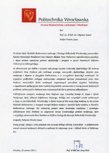 List gratulacyjny prof. Jerzego Hoły do profesora Zbigniewa Kowala