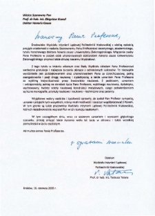 List gratulacyjny prof. Tadeusza Tatary do profesora Zbigniewa Kowala