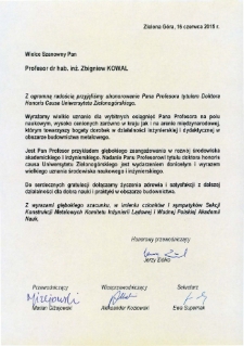 List gratulacyjny władz Sekcji Konstrukcji Metalowych Komitetu Inżynierii Lądowej i Wodnej Polskiej Akademii Nauk do profesora Zbigniewa Kowala
