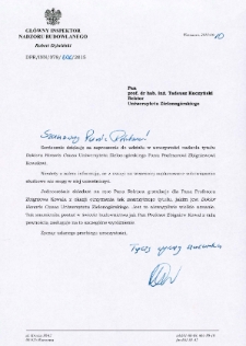 List gratulacyjny Roberta Dziewińskiego, Głównego Inspektora Nadzoru Budowlanego do prof. Tadeusza Kuczyńskiego