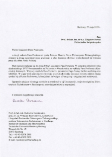 List gratulacyjny prof. Radosława Iwankiewicza do profesora Zbigniewa Kowala