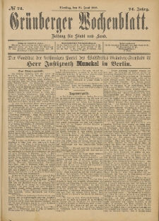 Gr&uuml;nberger Wochenblatt: Zeitung f&uuml;r Stadt und Land, No. 75. (23. Juni 1898)