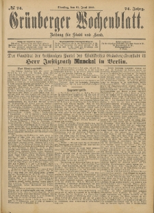 Grünberger Wochenblatt: Zeitung für Stadt und Land, No. 75. (23. Juni 1898)