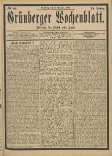 Gr&uuml;nberger Wochenblatt: Zeitung f&uuml;r Stadt und Land, No. 93. (4. August 1898)