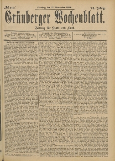 Gr&uuml;nberger Wochenblatt: Zeitung f&uuml;r Stadt und Land, No. 111. (15. September 1898)