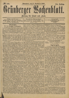 Grünberger Wochenblatt: Zeitung für Stadt und Land, No. 113. (20. September 1898)