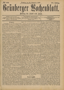Gr&uuml;nberger Wochenblatt: Zeitung f&uuml;r Stadt und Land, No. 144. (1. December 1898)