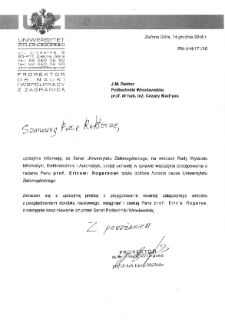List prorektora ds. Nauki i Współpracy z Zagranicą, prof. dr. hab. Giorgi Melikidze, z prośbą o przygotowanie recenzji wniosku o nadanie prof. Ericowi Rogersowi tytułu doktora "honoris causa" Uniwersytetu Zielonogórskiego