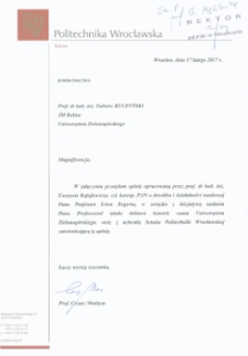 Pismo Rektora Politechniki Wrocławskiej o przyjęciu przez Senat Politechniki Wrocławskiej uchwały w sprawie zaopiniowania wniosku o nadanie prof. Ericowi Rogersowi tytułu doktora honoris causa Uniwersytetu Zielonogórskiego