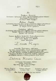 Dyplom nadania tytułu doktora honoris causa profesorowi Ericowi Rogersowi