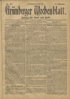 Grünberger Wochenblatt: Zeitung für Stadt und Land, No. 102. (25. August 1906)