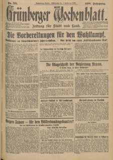 Grünberger Wochenblatt: Zeitung für Stadt und Land, No. 33. (8. Februar 1933)