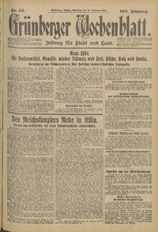 Grünberger Wochenblatt: Zeitung für Stadt und Land, No. 43. (20. Februar 1933)