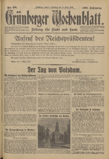 Grünberger Wochenblatt: Zeitung für Stadt und Land, No. 68. (21. März 1933)