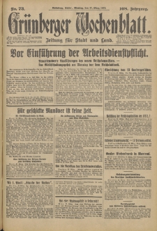 Grünberger Wochenblatt: Zeitung für Stadt und Land, No. 73. (27. März 1933)