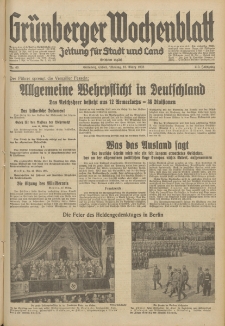Gr&uuml;nberger Wochenblatt: Zeitung f&uuml;r Stadt und Land, No. 65. (18. M&auml;rz 1935)