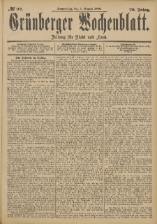 Grünberger Wochenblatt: Zeitung für Stadt und Land, No. 92. (2. August 1900)