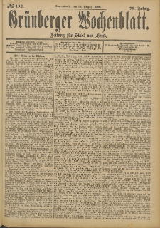 Grünberger Wochenblatt: Zeitung für Stadt und Land, No. 102. (25. August 1900)