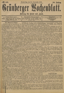 Grünberger Wochenblatt: Zeitung für Stadt und Land, No. 113. (20. September 1900)