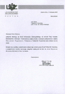 Pismo JM Rektora Uniwersytetu Zielonog&oacute;rskiego do JM Rektora Politechniki Gdańskiej w sprawie zaopiniowania przez Senat Politechniki Gdańskiej wniosku o nadanie prof. Janowi Węglarzowi tytułu doktora honoris causa
