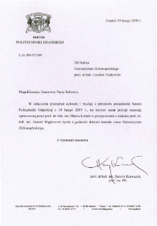 Pismo Rektora Politechniki Gdańskiej w sprawie przyjęcia recenzji opracowanej przez prof. dr hab. inż. Marka Kubali w postępowaniu nadania godności honoris causa UZ prof. dr. hab. inż. Janowi Węglarzowi