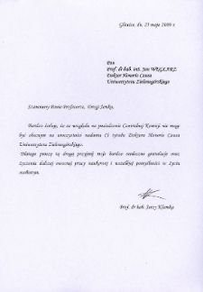 List gratulacyjny prof. Jerzego Klamki do profesora Jana Węglarza
