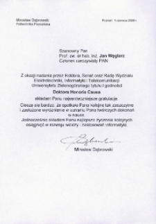 List gratulacyjny prof. Mirosława Dąbrowskiego do profesora Jana Węglarza