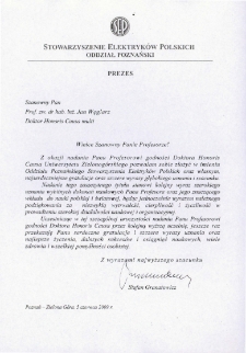 List gratulacyjny Stefana Granatowicza do profesora Jana Węglarza